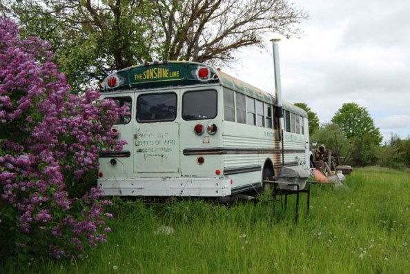 Deer camp bus in springtime