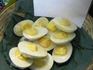 Deviled eggs in a basket