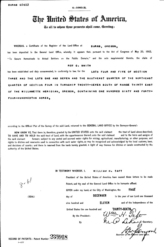 Grampa Smith's Land Patent